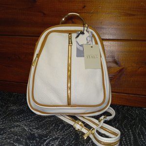 Valentina Genuine Italian Leather Backpack/ Convertible Straps, Cream/Tan Trim